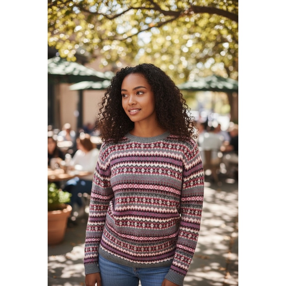 Talbots Petites Gray and Pink Fair Isle Lambswool Pullover Sweater Patterned SzL